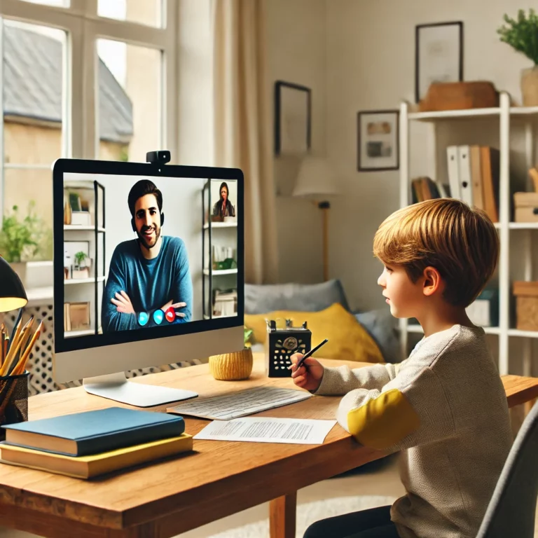 A child engaging in a telehealth therapy session at home, sitting at a desk with a computer and talking to a therapist via video call in a comfortable and well-organized home setting.